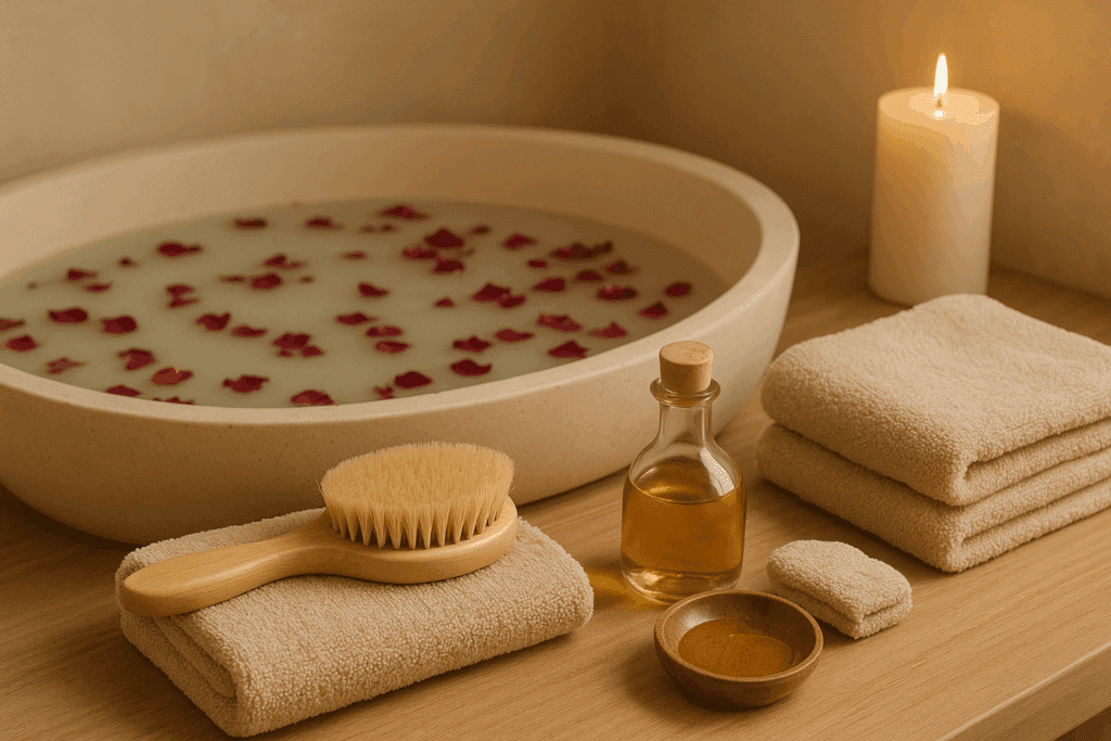 Holistic skin care routine maker setup with dry brushing, oil massage, detoxifying rose petal bath, and soft towels in a serene spa ambiance