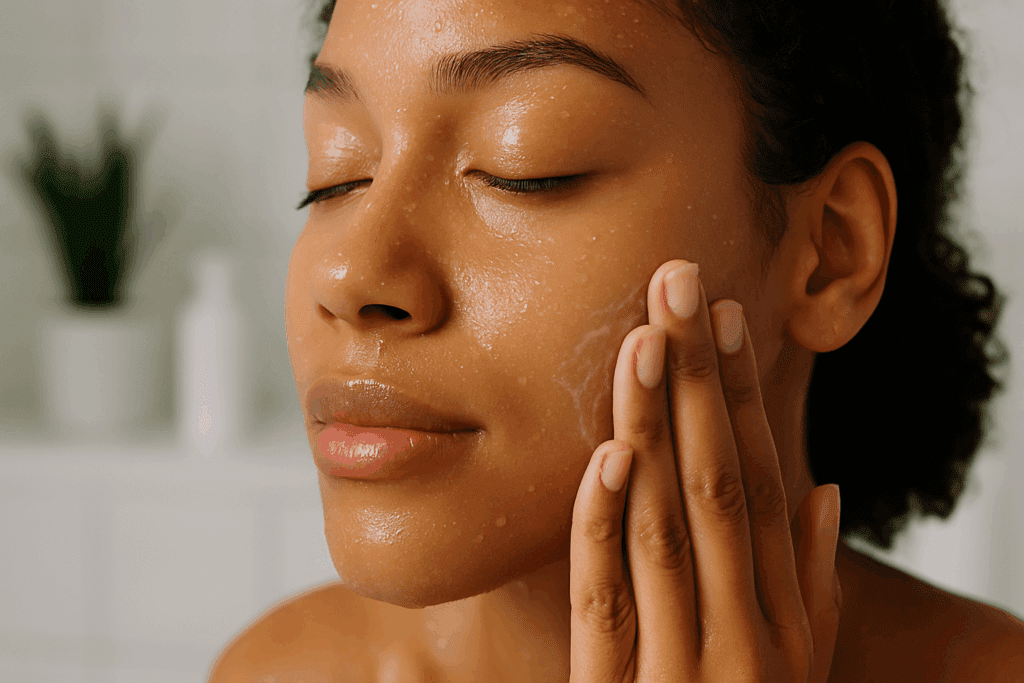 Close-up of a woman applying a hydrating skincare product during her daily routine, showcasing the physical benefits of a skincare routine with healthy, glowing skin and water droplets reflecting moisture in a minimalist bathroom setting