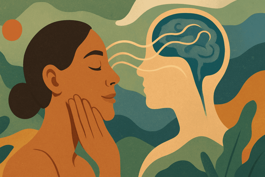Abstract illustration depicting the benefits of a skincare routine, showing flowing energy lines from a woman's face to her mind, symbolizing relaxation, reduced cortisol levels, and the mind-body connection during self-care rituals