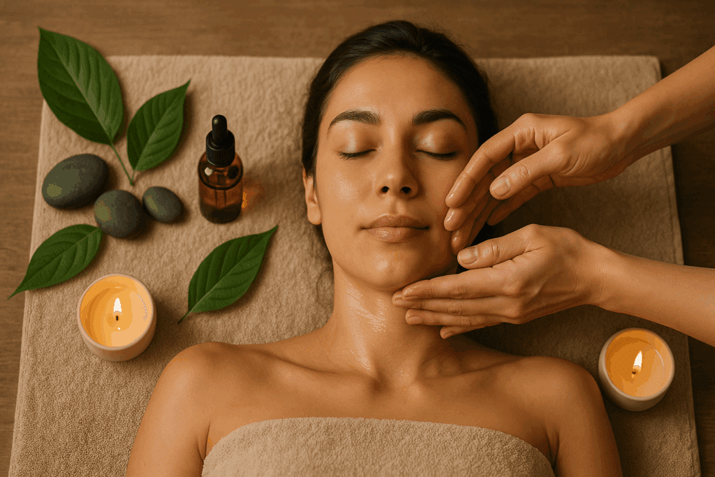 A woman enjoying the benefits of a skincare routine with a relaxing facial massage, surrounded by natural elements like smooth stones, green leaves, essential oil, and candles in a serene wellness setting