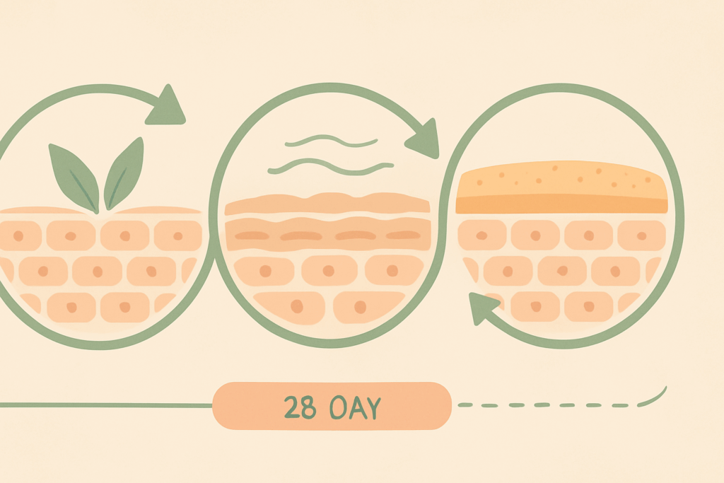nfographic illustrating the benefits of a skincare routine through the 28-day skin renewal cycle, highlighting stages of cell regeneration, hydration, and barrier protection