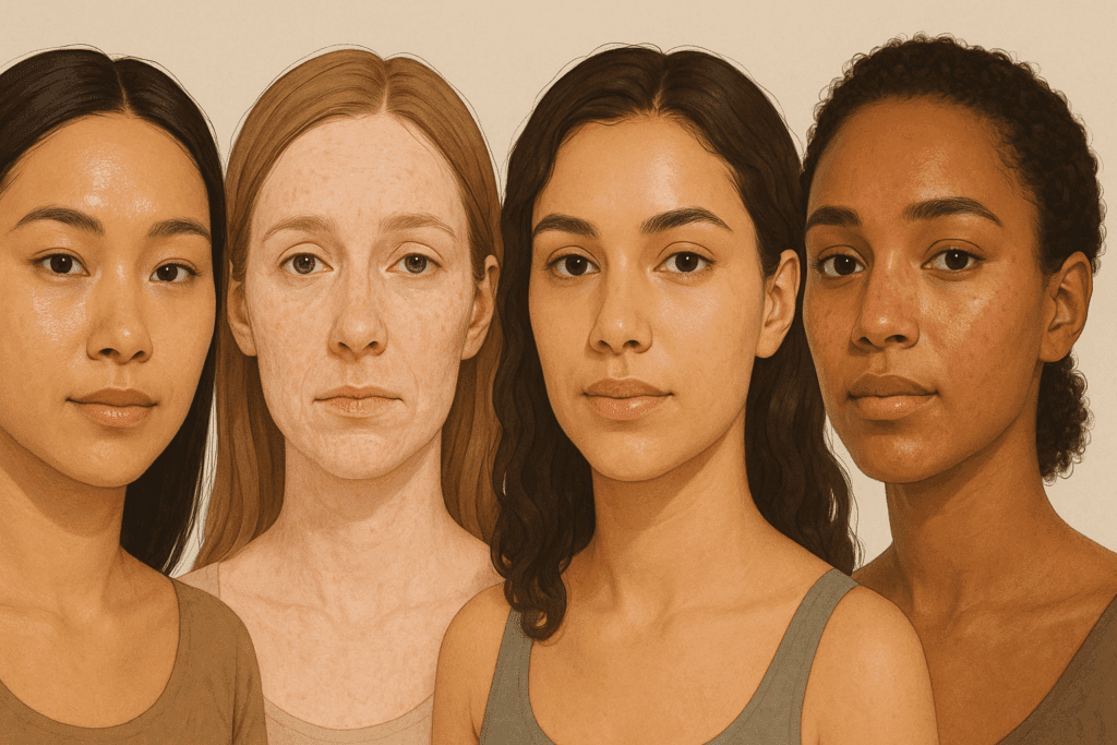 Diverse faces representing oily, dry, combination, and sensitive skin types in a minimalist setting, showcasing before and after skincare differences through varying skin textures and hydration levels