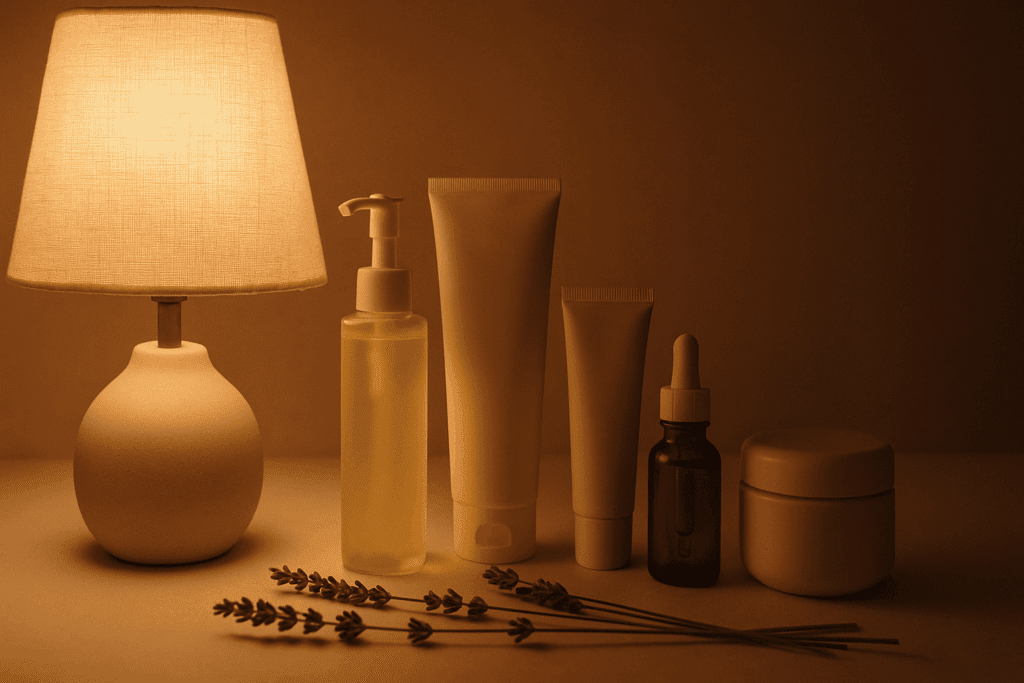 Evening skincare setup before and after skincare routine with oil-based cleanser, water-based cleanser, exfoliant, retinoid serum, and moisturizer, arranged beside a softly glowing lamp and lavender sprigs for relaxation