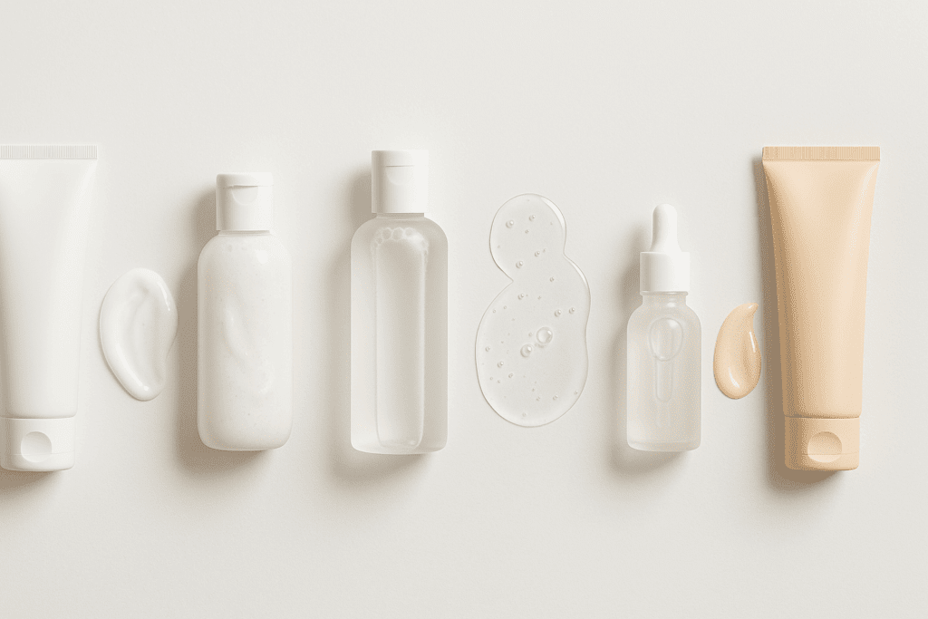 Step-by-step layout of a custom skin care routine, showcasing products for cleansing, exfoliating, toning, moisturizing, and sun protection in a minimalist, organized design