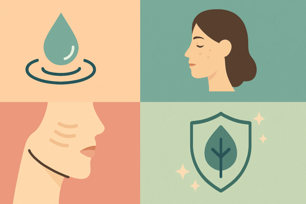 Infographic showcasing the key benefits of a custom skin care routine, including hydration, improved skin texture, wrinkle reduction, and enhanced environmental protection, represented with minimalist icons in a visually segmented design