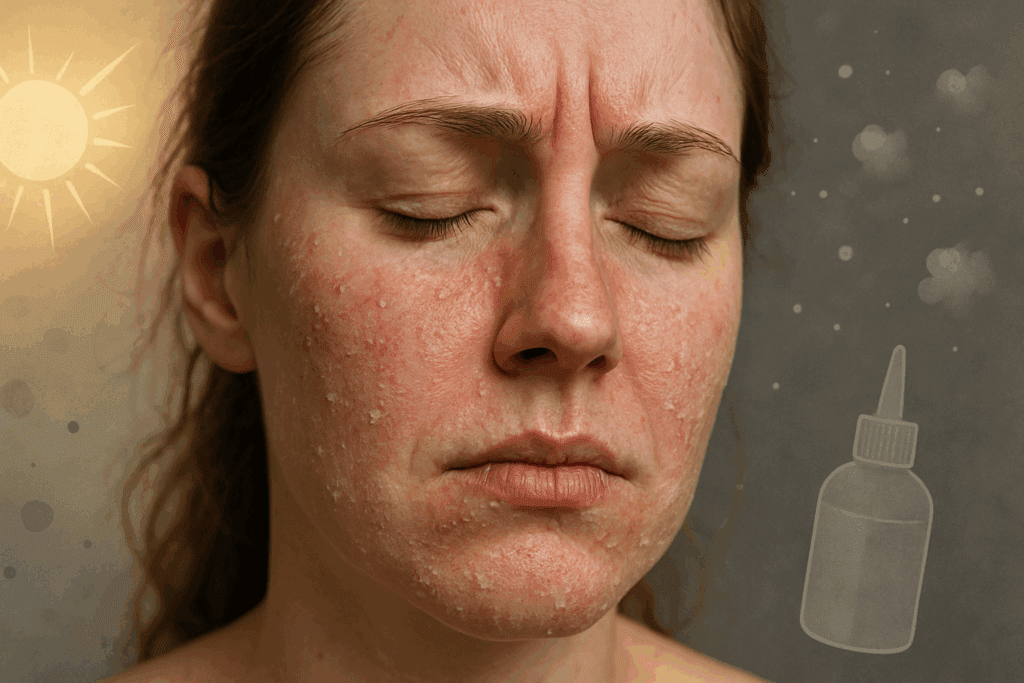 Close-up of a woman with red, flaky skin and visible pores, showing discomfort from environmental stressors—illustrating the need for acne treatment for sensitive skin.