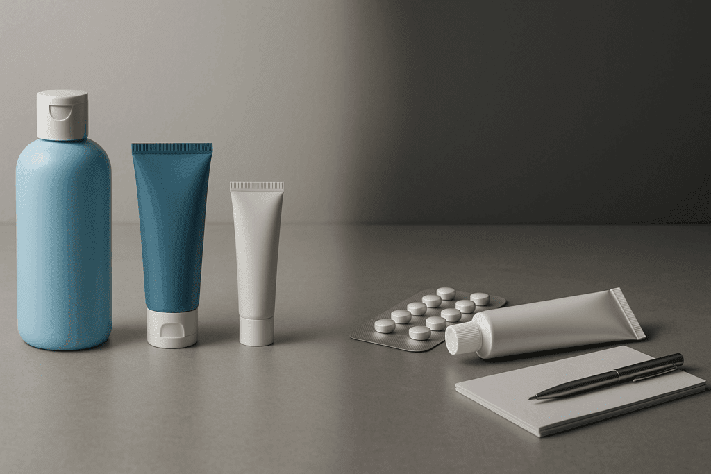 Side-by-side comparison of over-the-counter and prescription acne treatment for sensitive skin on a clean countertop with soft lighting