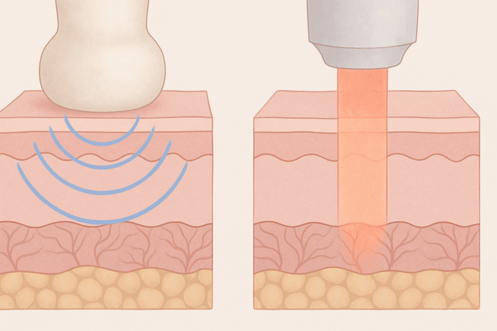 Side-by-side illustration comparing how radio frequency and laser treatments affect skin layers for midsection and facial tightening, showing what does radio frequency do for midsection and facial tightening by targeting deeper dermal tissues
