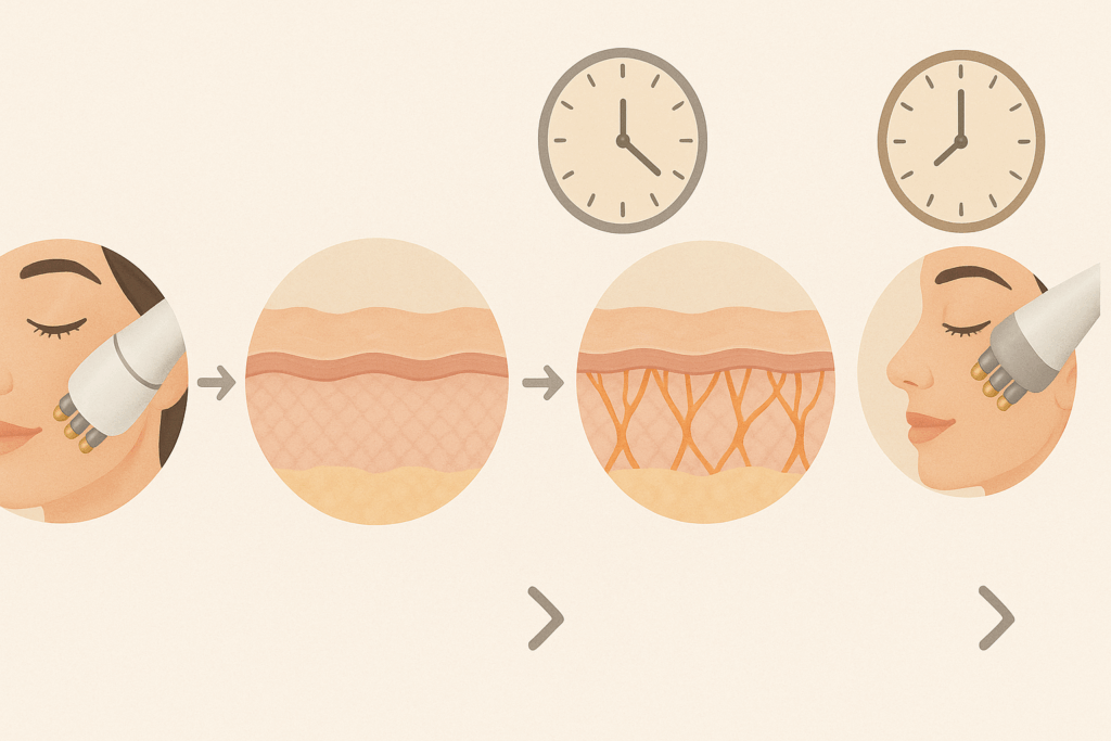 Timeline-style illustration showing what does radio frequency do for midsection and facial tightening with treatment, collagen buildup, and touch-up phases