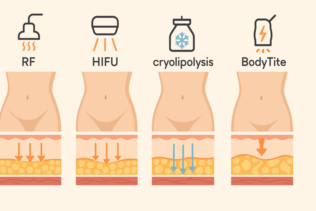 Infographic comparing four technologies including radio frequency to show what does radio frequency do for midsection and facial tightening