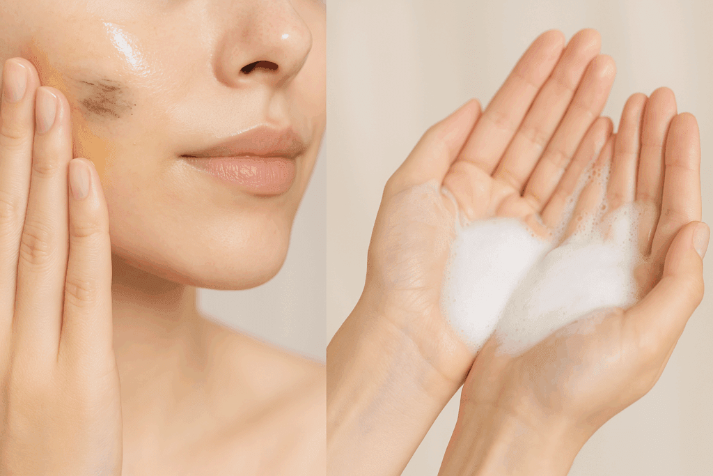 Hands demonstrating the double cleansing method for a model skin routine—oil-based cleanser removing makeup and water-based foam cleanser purifying the skin