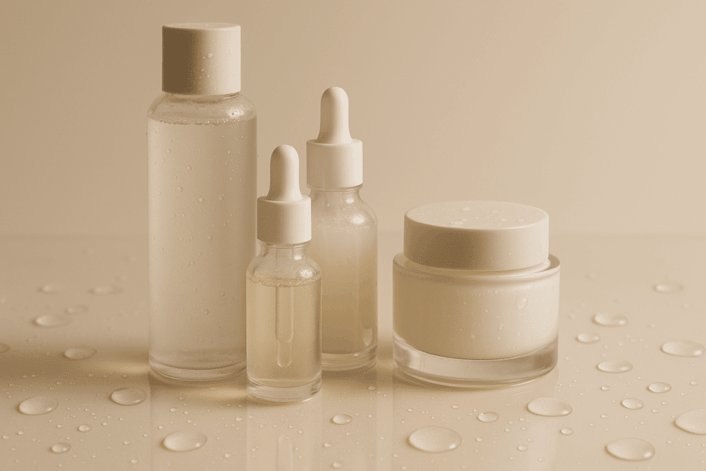 Elegant arrangement of Korean skincare products including essences, serums, and moisturizers, visually layered to represent the steps of a model skin routine. Soft water droplets and reflections emphasize deep hydration and nourishment