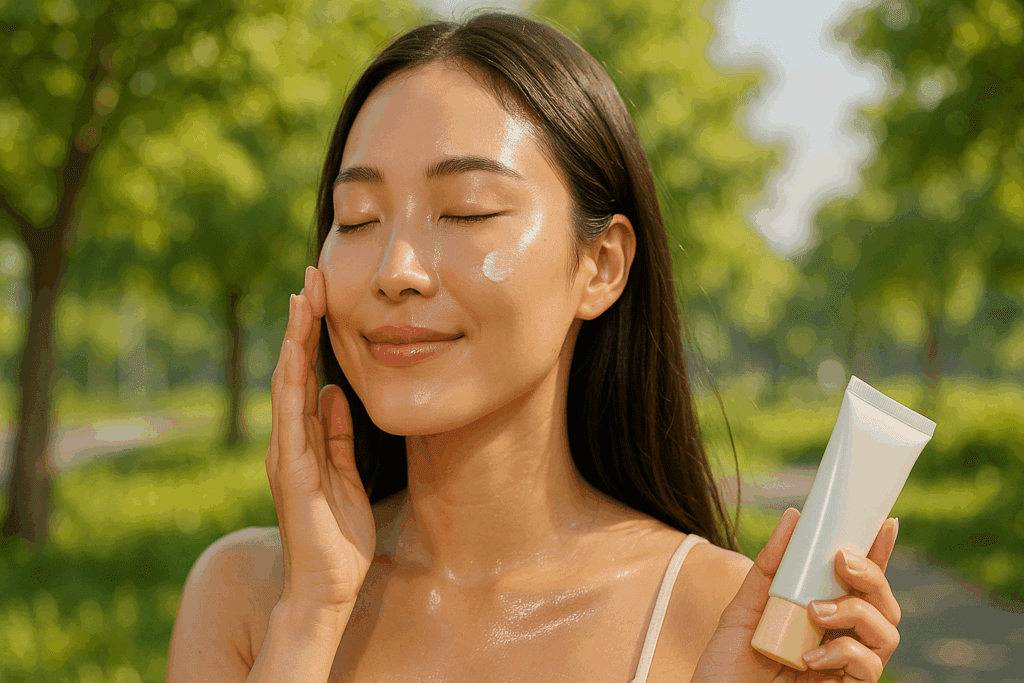Model applying lightweight Korean sunscreen outdoors in gentle sunlight as part of a model skin routine, showcasing radiant, smooth skin with effective UV protection in a fresh morning setting.