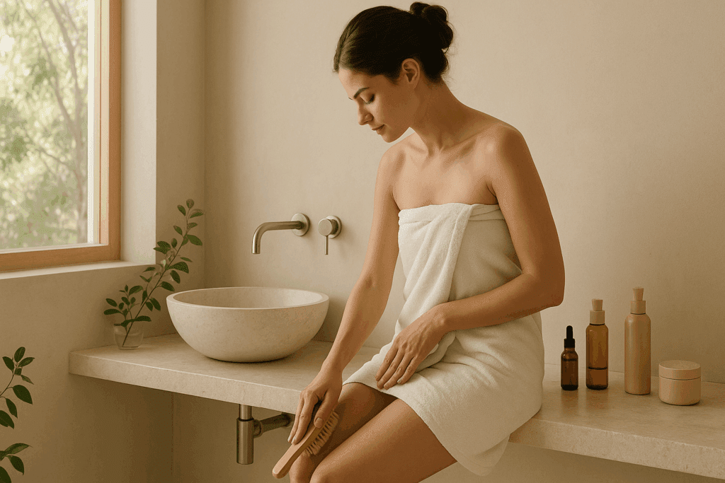 Woman practicing a model skin routine in a minimalist bathroom with natural light, performing dry brushing and using Korean-inspired body oils and lotions for holistic self-care