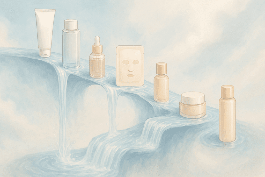 Flowing 10-step model skin routine illustrated as a waterfall of Korean skincare products, symbolizing seamless hydration and holistic beauty