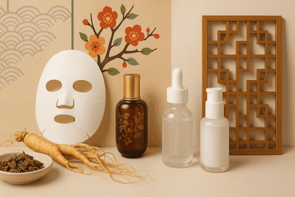 Traditional Korean skincare ingredients like ginseng and sheet masks beside Western clinical serums, illustrating the cultural origins of the 12 step skin care routine.