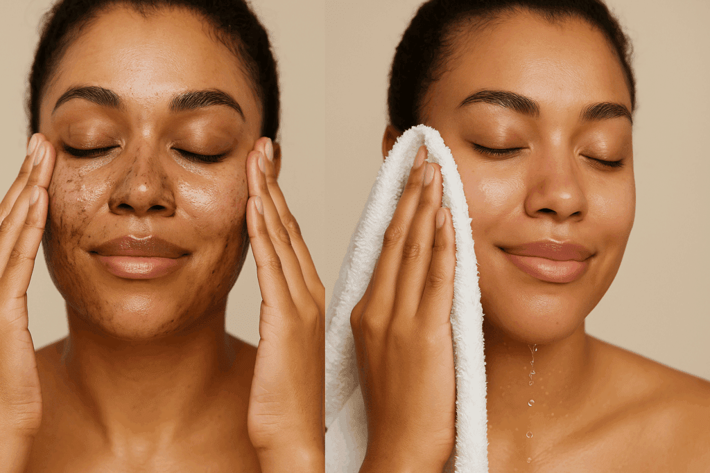 Woman performing first step of 12 step skin care routine, oil cleansing makeup and rinsing with water for glowing skin