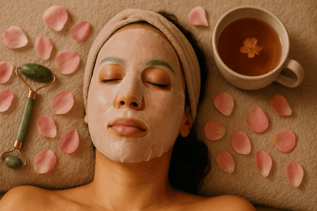 Woman relaxing with a hydrating sheet mask, jade roller, and herbal tea—part of a calming 12 step skin care routine.