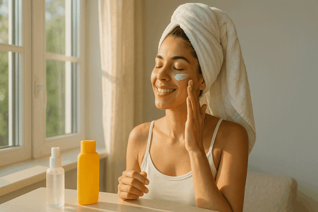 Woman applying sunscreen by a window during morning light as part of her 12 step skin care routine.