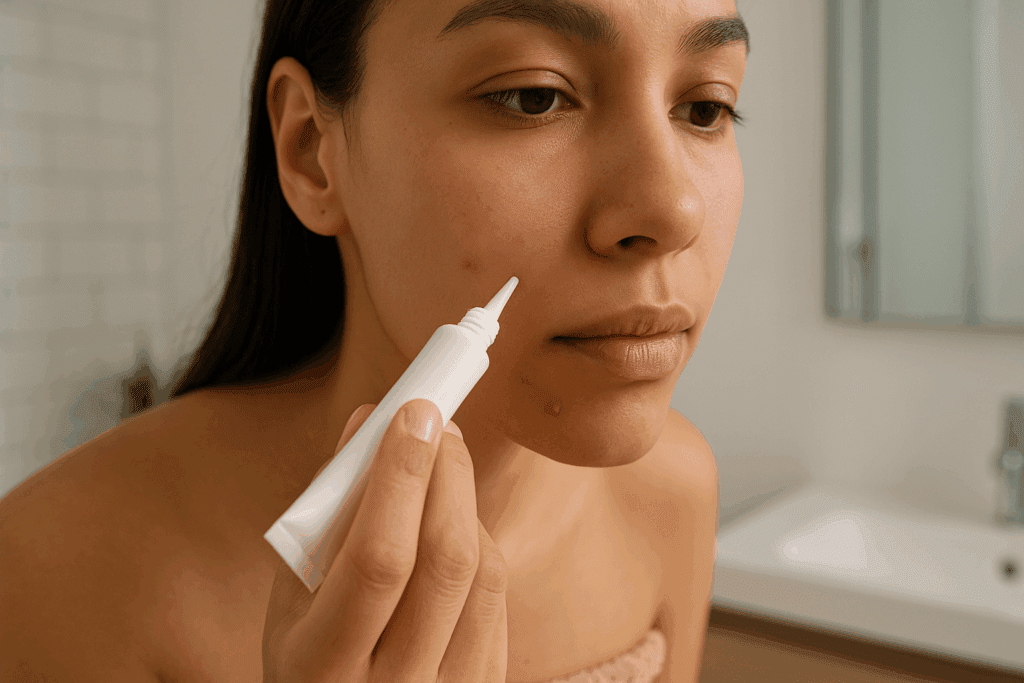 Woman practicing a gentle skin care routine for hormonal acne by cleansing her face with a sulfate-free cleanser, water splashing in a minimalistic bathroom setting.