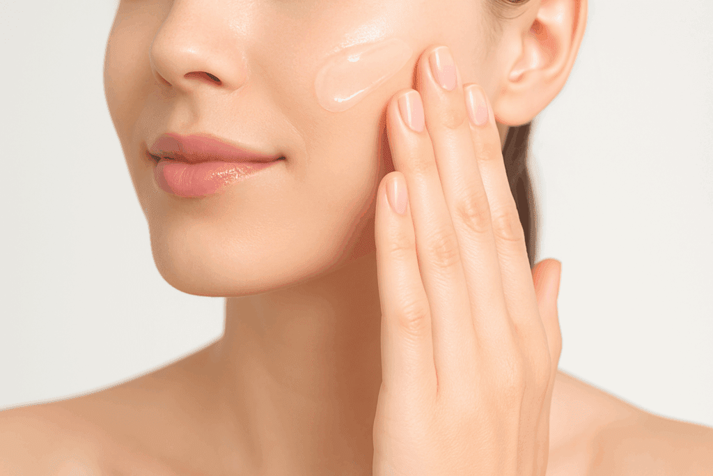 Lightweight gel-based moisturizer being gently applied to clear, hydrated skin as part of a skin care routine for hormonal acne, showcasing smooth texture and non-greasy hydration
