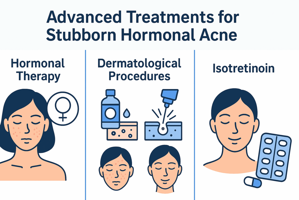 Widescreen infographic illustrating advanced skin care routine for hormonal acne, showcasing hormonal therapy, dermatological procedures, and isotretinoin treatments for clearer skin